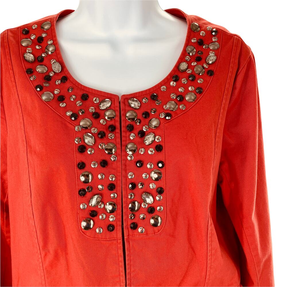 DENNIS BASSO Orange Blazer Jewel Embellished Neckline Hook Front Close Jacket M